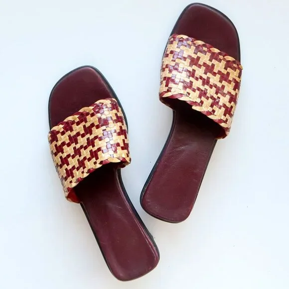 Handcrafted Burgundy Raffia Block Heel Mule Sandals Woven Boho Summer Shoes 7 - Picture 15 of 16